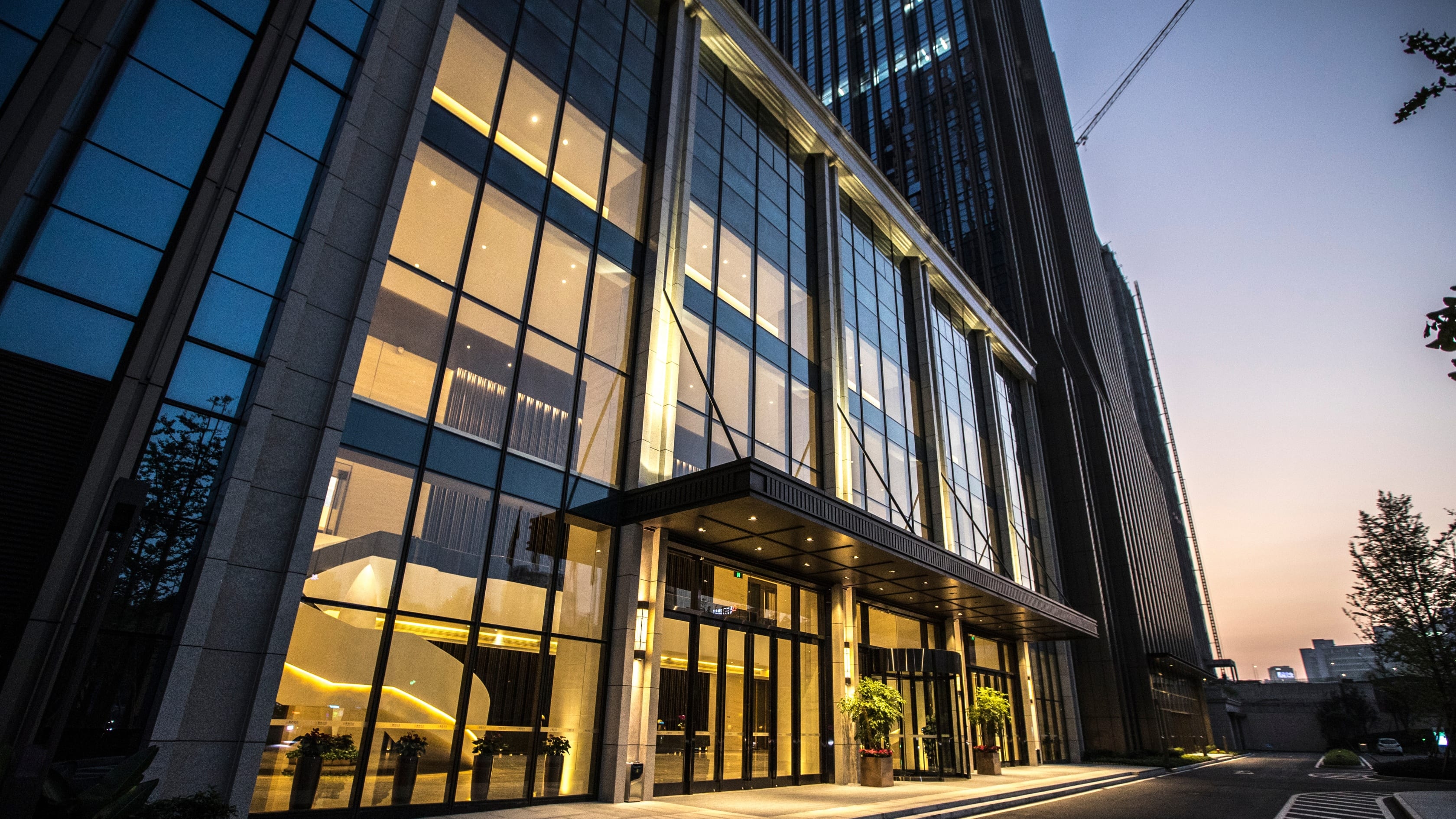 Illuminated building facade at dusk